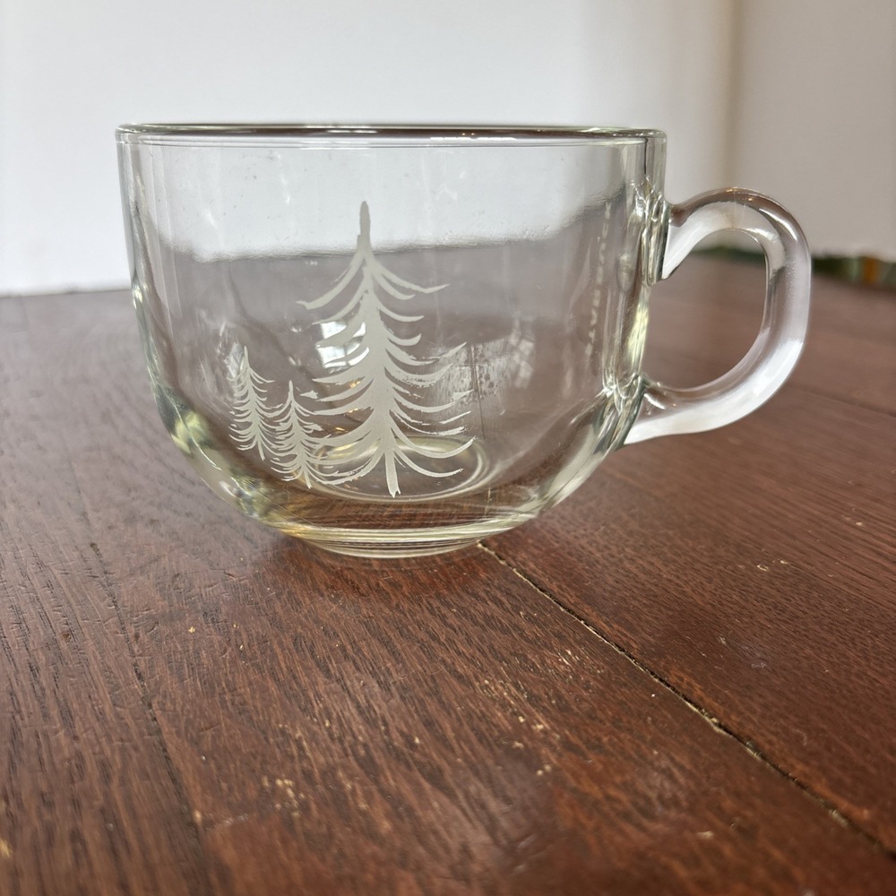 Starbucks Coffee Clear Glass Mug Redwood Cedar Trees Snow Tea Cup 2014